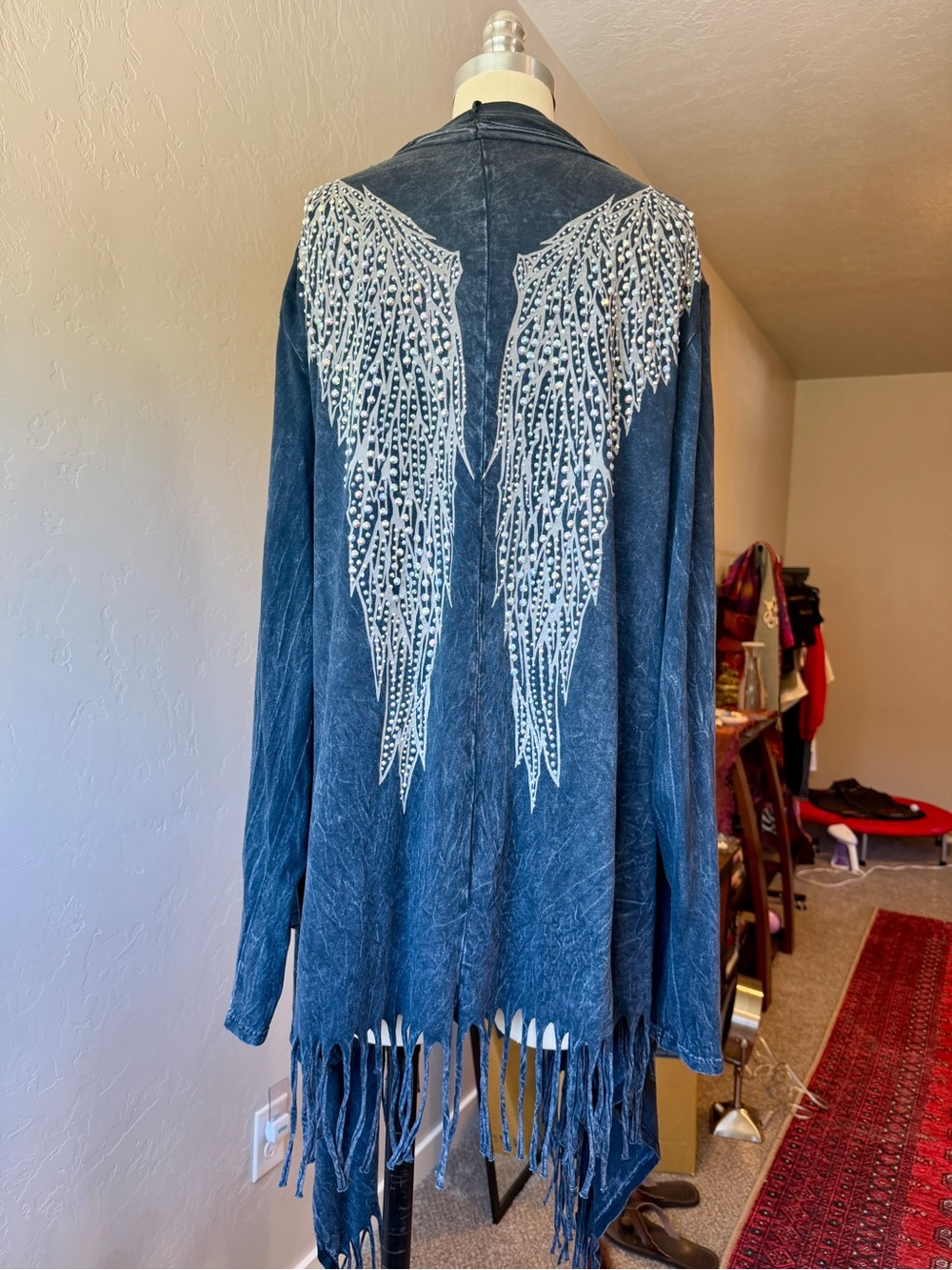 VOCAL USA Embellished Angel Wing Fringe Cardigan - Denim Blue